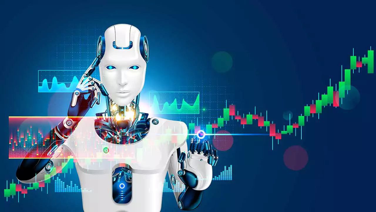 Robot humanoide frente a gráficos financieros, con elementos tecnológicos y pantallas de datos en un entorno digital azul.