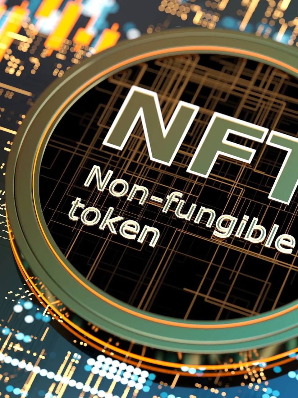 Representación digital de una ficha con las palabras 'NFT Non-fungible token' sobre un fondo de gráficas tecnológicas